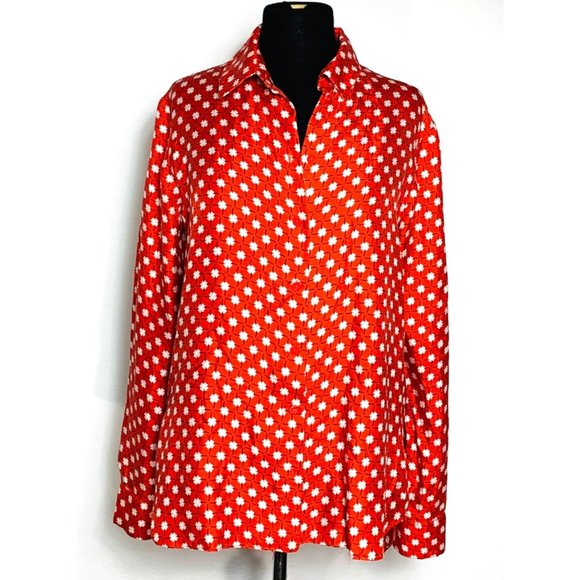 Carven Tops - CARVEN RED/WHITE Novelty Clover Leaves Silk Long Sleeve Button-Up Blouse 42